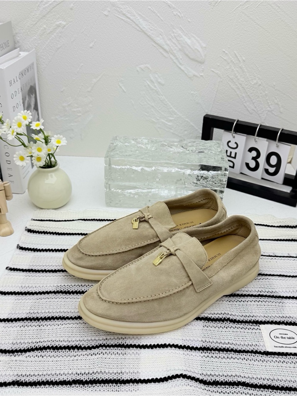 Loro Piana Beige Suede Loafers with Gold-Tone Accent